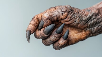 Close-up of an aged, clawed hand showcasing its sharp, elongated talons and rugged texture. Creates an eerie yet fascinating representation of strength and survival.