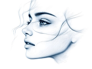 a beautiful woman's face, profile view, sketch drawing style, white background, hair flowing in the wind, soft light on her skin