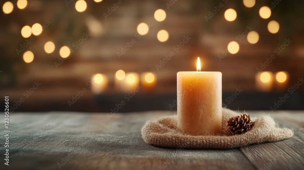 Poster a serene image featuring a lit candle with a pinecone on a rustic wooden table, creating a warm ambi