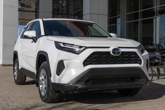 Toyota RAV4 LE AWD SUV display at a dealership. Toyota offers the RAV4 with a 2.5L Dynamic Force 4-Cylinder engine. MY:2025