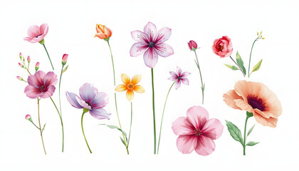 high-quality set of various watercolor flowers , with white tonespng