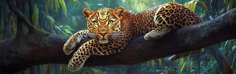 Obraz premium A leopard lounges on a sturdy tree branch, its golden eyes scanning the dense jungle for movement. The lush surroundings create a vibrant, natural habitat for this majestic predator