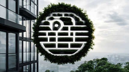 A light bulb icon on a black wall with green plants. Green energy concept, sustainable building, and eco-friendly architecture idea