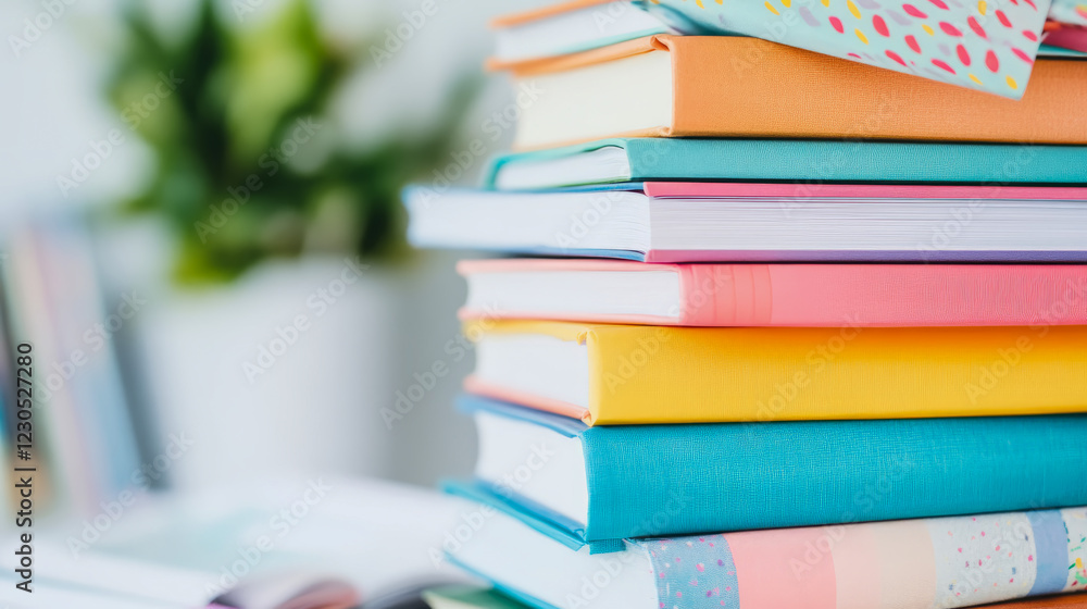 Poster stack of colorful books in home setting