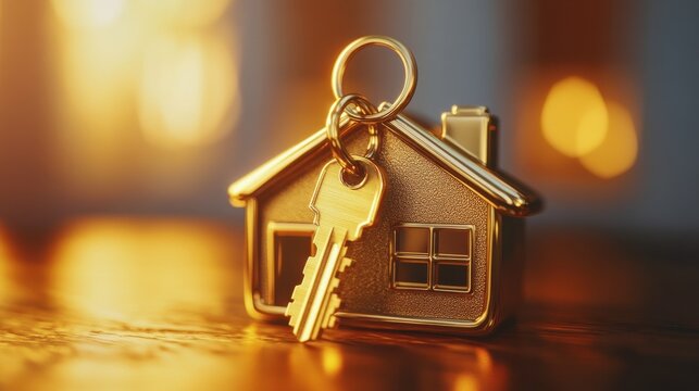A close-up of a golden key and house charm symbolizing home ownership and tax benefits. Perfect for financial and real estate themes.