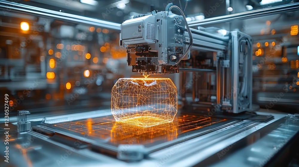 Poster advanced robotic arm 3d printing a glowing object