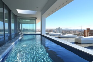 Fototapeta premium Luxurious rooftop pool with stunning city views in bright afternoon sunlight