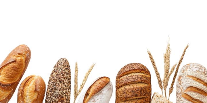 Assorted whole grain breads on a white or transparent background.