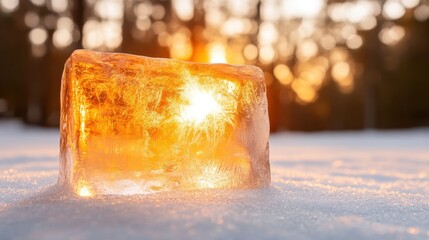 A striking clear ice block glowing brilliantly under the warm hues of a sunset, capturing the beauty of winter’s cold juxtaposed with light’s warmth and clarity.