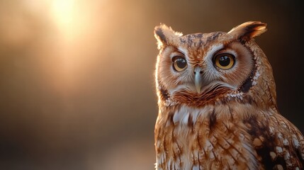 Obraz premium A stunning close-up of a majestic owl, showcasing its expressive eyes and intricate feather patterns, illuminated beautifully by the warm glow of a setting sun in the background.