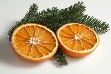 Dried Orange Slices and Pine Branches on White Background