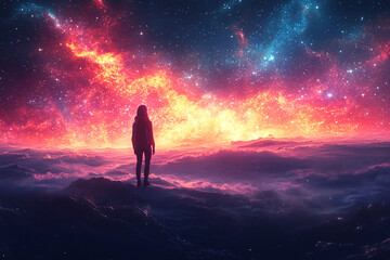 Obraz premium Solitary Figure Gazing at a Cosmic Nebula