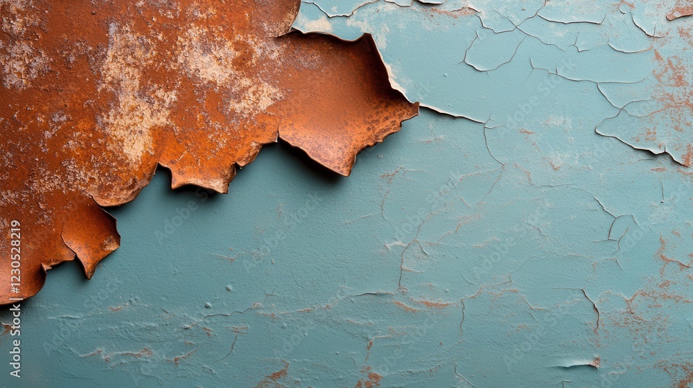 Poster a visually striking image of a painted surface where rust and peeling paint create an appealing visu