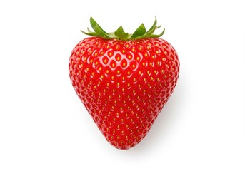 A ripe heart-shaped strawberry with vibrant red skin and small yellow seeds isolated on a white background