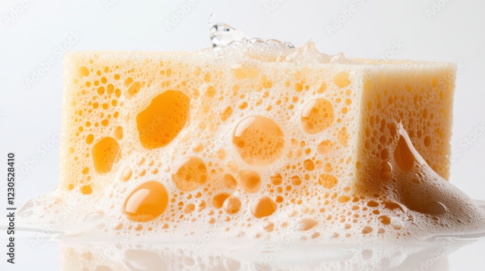 Poster a captivating image of an artistic sponge surrounded by frothy bubbles and droplets, emphasizing the