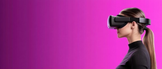 Profile of a young white woman wearing a virtual reality headset against a vibrant purple background Concept of technology, gaming, and immersive experiences