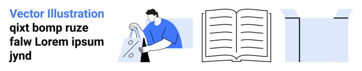 Man holding shopping bag with discount symbol, open book listing offers, closed box. Ideal for online shopping, retail business, e-commerce, marketing, book sales, delivery services consumer