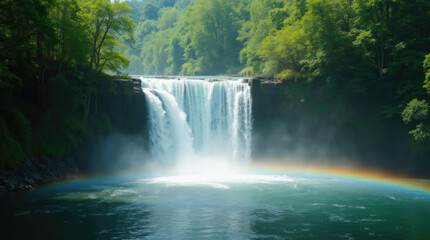 Obraz premium Water tumbles gracefully from a high cliff into a tranquil pool below, creating mist and a colorful rainbow. Lush trees surround the area, enhancing the natural beauty