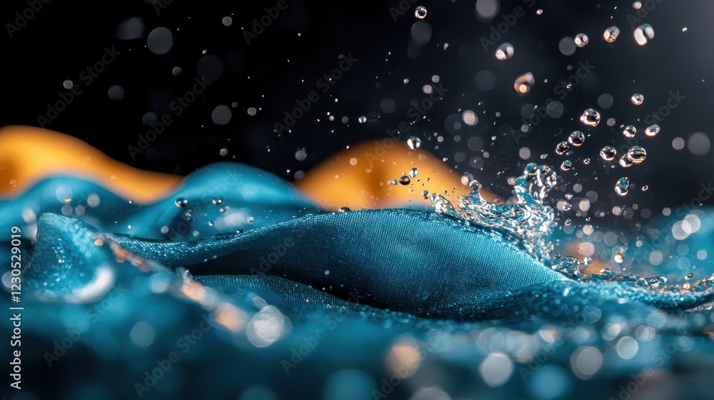 Poster dynamic splashes of water dance upon vividly colored fabric, creating an engaging visual interaction