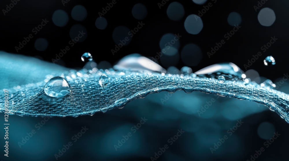 Poster a detailed view of delicate raindrops resting on soft blue fabric showcases the intricate interplay 