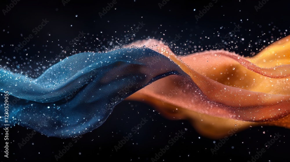 Poster waves of colorful fabric adorned with sparkling water droplets create a vibrant visual composition, 