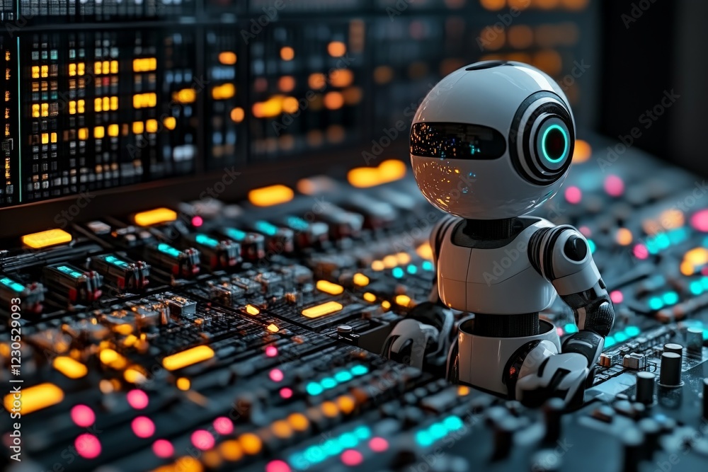 Poster robot operates control panel with colorful lights in a futuristic environment