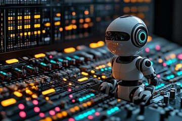 Robot operates control panel with colorful lights in a futuristic environment