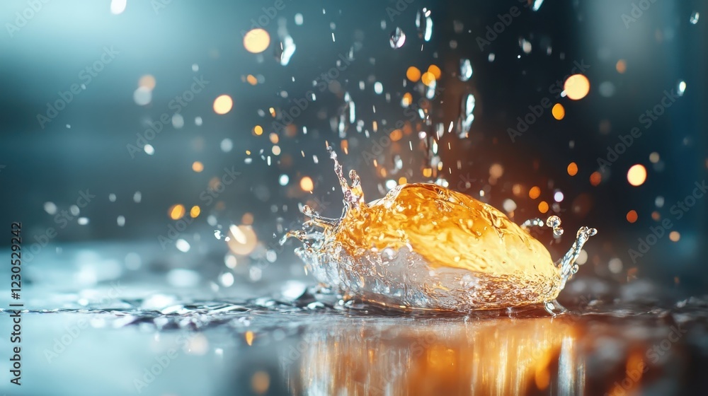 Poster a mesmerizing moment captured as a water droplet splashes, creating a beautiful ripple effect and sh