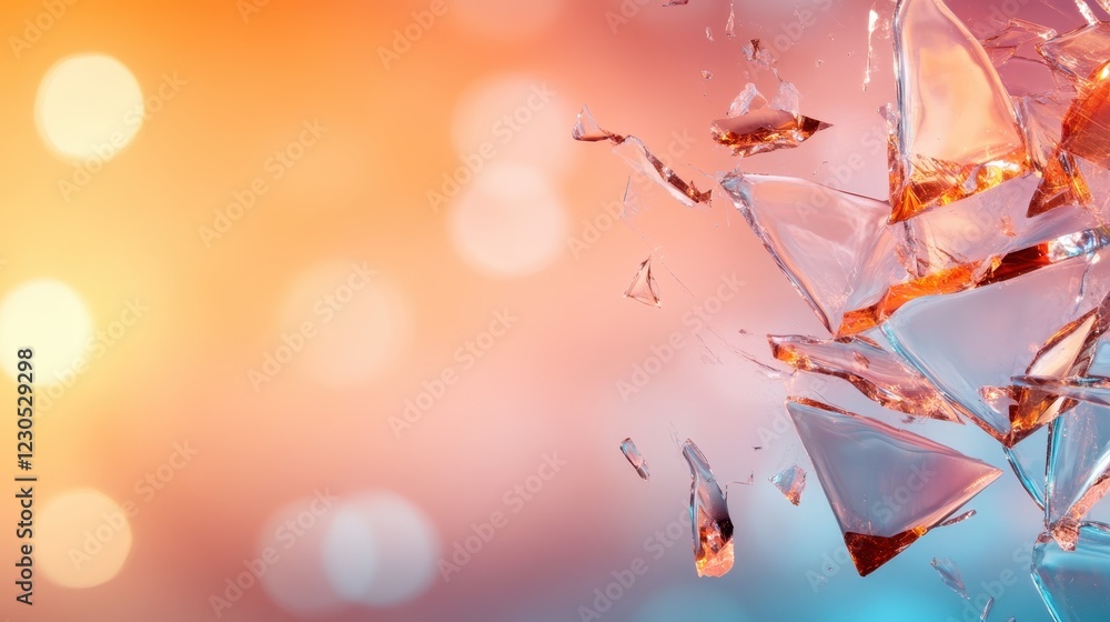 Poster the image features broken glass pieces reflecting light beautifully against a bokeh background, crea
