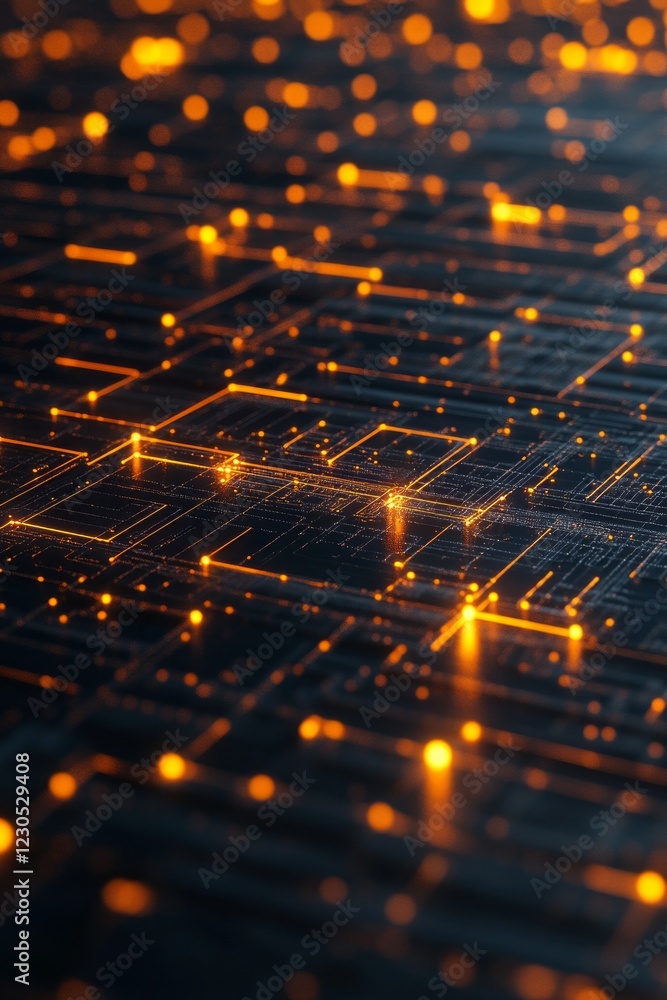 Poster a computer screen with a lot of orange lights. the lights are in a grid pattern. the screen is black