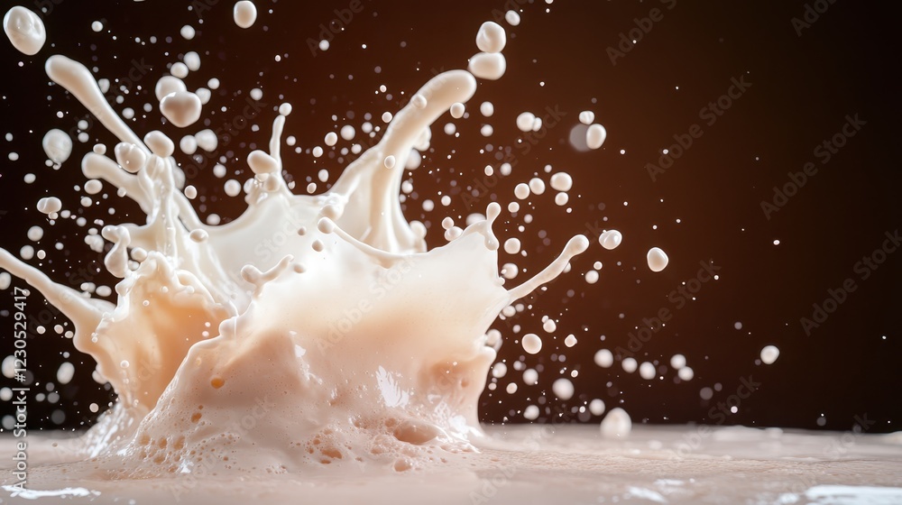Poster an intricate display of a milk splash capturing the unique texture and fluid movement, highlighting 