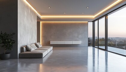Empty contemporary room d with recessed ceiling lights, polished floors, and minimalist decor