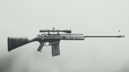 A black and white image of a sniper rifle with scope.