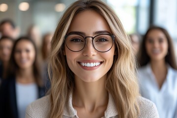 Young woman with glasses smiles confidently in a group of diverse people in a bright office setting