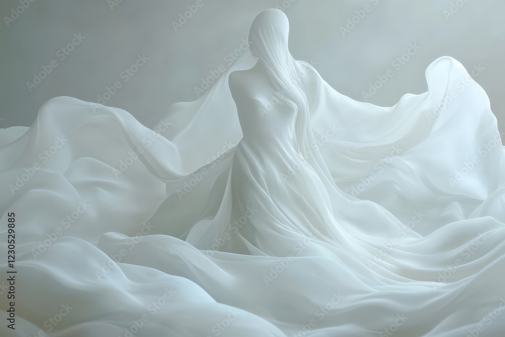 Poster ethereal figure draped in flowing fabric creates a dreamlike atmosphere in a minimalist setting