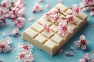 White chocolate bar adorned with delicate pink cherry blossoms on a turquoise background
