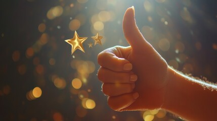 Hand giving thumbs up with five-star rating overlay, symbolizing customer satisfaction and positive service feedback.