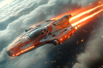 Naklejka premium Orange and White Spaceship Soaring Through Clouds