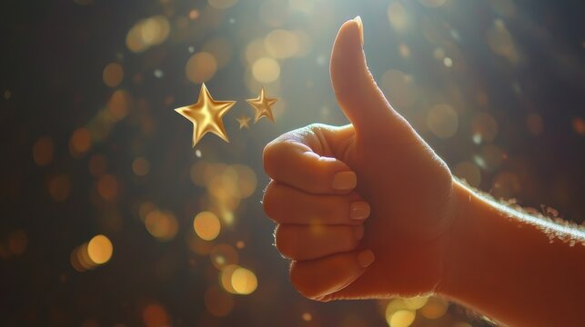 Hand giving thumbs up with five-star rating overlay, symbolizing customer satisfaction and positive service feedback.