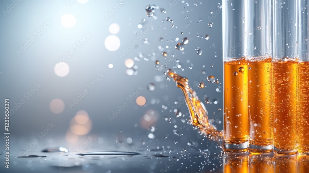Poster this captivating image features three test tubes filled with an orange liquid, showcasing a fascinat