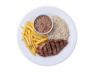 Grilled picanha beef, rice, beans and french fries. Typical brazilian executive dish isolated over white background