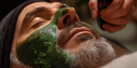 Naklejka premium Beautician applying green cosmetic mask on man's face in spa salon