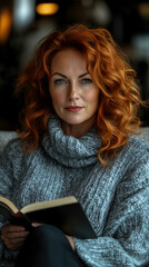 Redhead Woman in Grey Sweater Reading Book