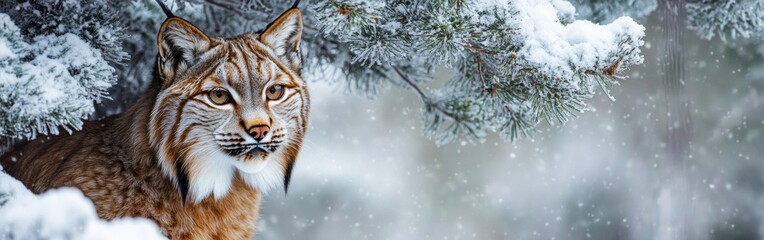 A lynx steps out from behind a snow-covered tree, its piercing gaze focused towards the camera. Snowflakes gently fall around it in a serene winter setting, displaying nature's beauty