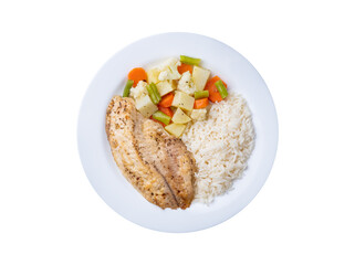 Grilled tilapia or saint peter with rice and vegetables isolated over white background