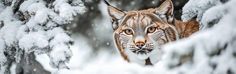 Fototapeta premium A lynx peeks out from behind a snow-covered tree, its intense gaze directed at the camera. The serene winter landscape creates a striking contrast with its fur and features