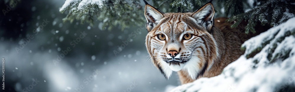 Poster lynx peers from behind a snow-laden tree, its intense gaze directed towards the viewer. snowflakes d