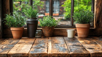 Fototapeta premium Charming Indoor Herb Garden with Potted Plants and Rustic Window Decor