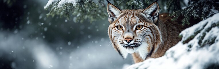 Obraz premium Lynx peers from behind a snow-laden tree, its intense gaze directed towards the viewer. Snowflakes drift softly, creating a serene winter atmosphere in the forest
