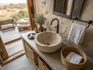 Wabi Sabi Bathroom: Natural Stone Sink & Faucet - Drone Aerial View